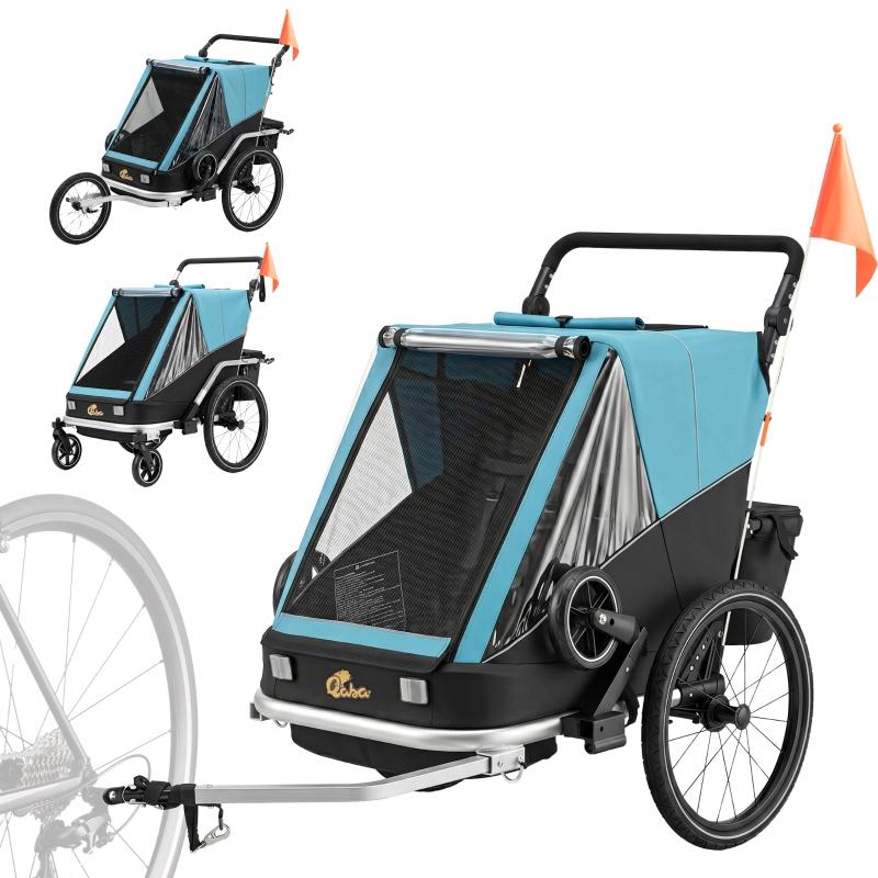 Moonbite Faltbarer 2-in-1 Kinderfahrradanhänger für zwei Kinder, Sonnendach und Netz-Fronttür, Lehnen 110°/130°, Aluminium, Blau