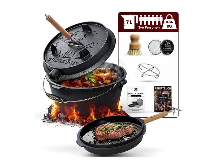 GUSSKÖNIG Grilltopf GUSSKÖNIG Dutch Oven Topf ohne Füßen 7Liter+Pflegepaste Untersetzer