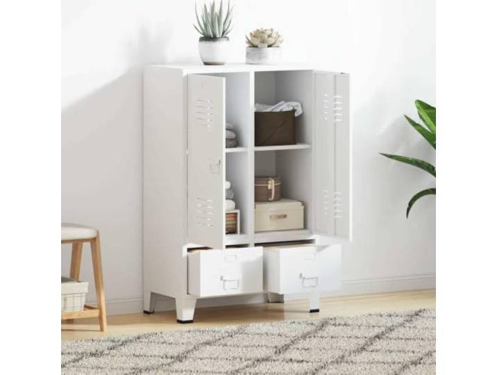 Kleiderschrank Industrie-Stil Weiß 67x35x107 cm Stahl 2 Einlegeböden,2 Schubladen kugelgelagert,Metall,leichter Reinigung,Namenskartenhalter,Lüftungsschlitze,Flur,Schlafzimmer