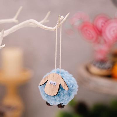 Inspired Deals Rustic Wooden Lamb Christmas Ornament Hanging Decoration For Tree & Holiday Display blue