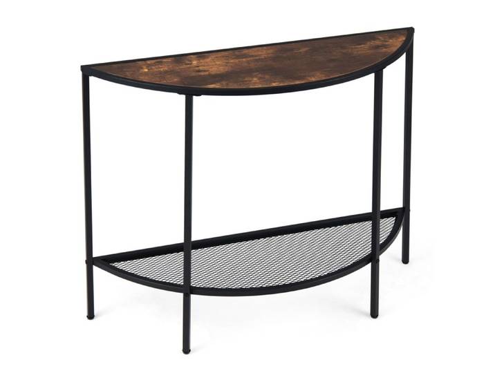 Table Console Demi-Lune - COSTWAY 2 Niveaux Industriel Étagère Grille Métallique 2 Kits Anti-Basculement Entrée Couloir Salon