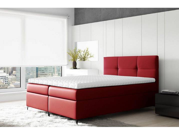 JVmoebel Boxspringbett Doppelbett mit rotem Polster und Stauraum in Edelstahlfüßen (1-St)