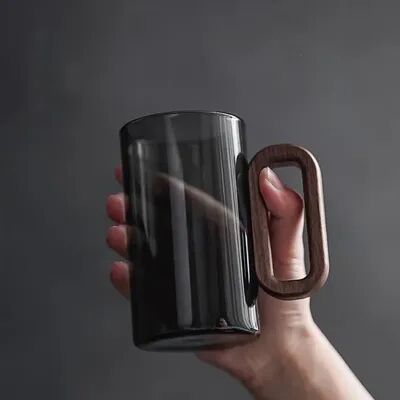 Youfap Market Elegant High Borosilicate Glass Water Cup With Wooden Handle, Perfect For Tea & Beverage Lovers gray