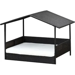 PawHut Rattan Hundehaus Hundebett Kissen Hausform Outdoor Hundehütte Stahl PP