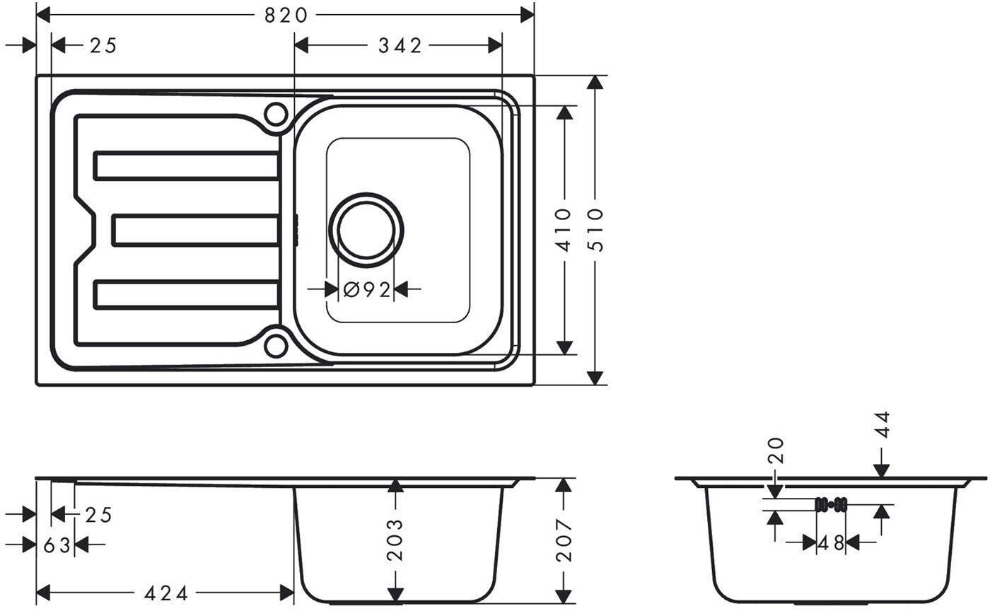 Hansgrohe S44 S440-F342 79 Einbauspüle 342 mit Abtropffläche kurz und automatischer Ablaufgarnitur