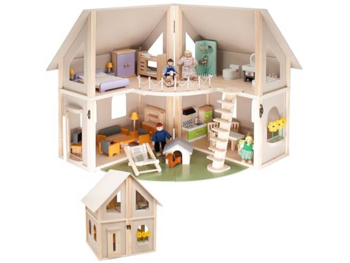 Howa 7016 Houten poppenhuis, opvouwbaar, inclusief 30 meubels, 4 poppen en een hond, 4 kamers, balkon, tuin, trap, poppenhuis, natuur, beige