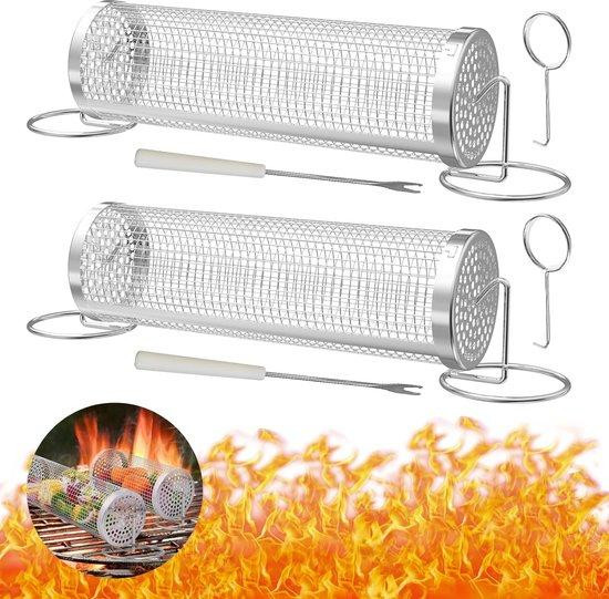 Set van 2 roestvrijstalen cilindrische grillmanden met vorken, zilver, Diameter: 30 cm