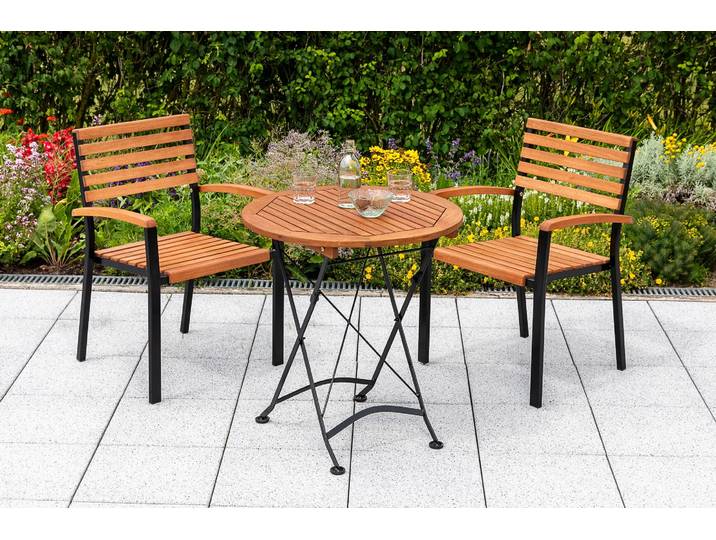 Balkonset MERXX Schloßgarten , braun, B:59,5cm H:87cm T:56cm, FSC-zertifiziertes Massivholz, Stahl, Sitzmöbel-Sets, Balkonset, 2 Stapelsessel mit Klapptisch