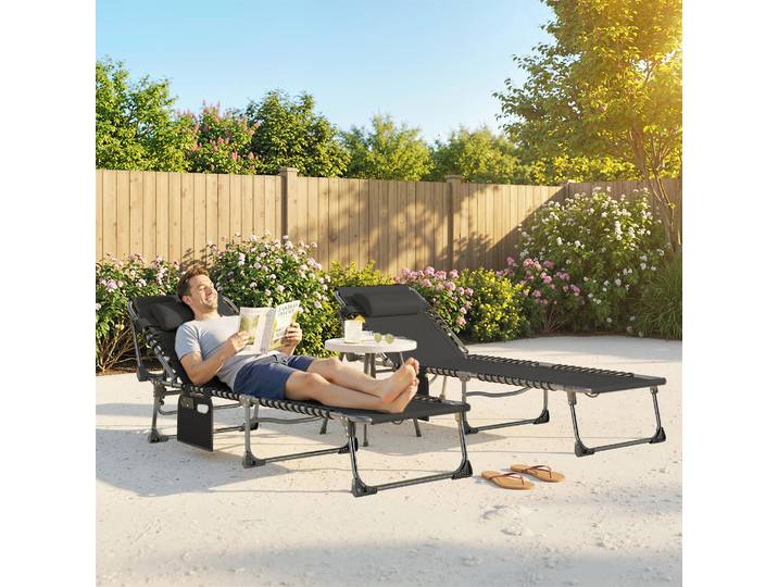 Outsunny Lot 2 Transats Pliables Inclinables 5 Positions Noir