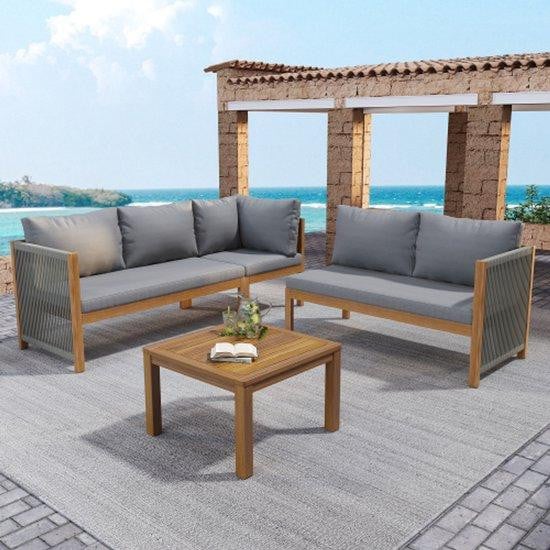 Moderne tuinmeubelset met L-vormige hoekbank en salontafel, acaciahout, grijs
