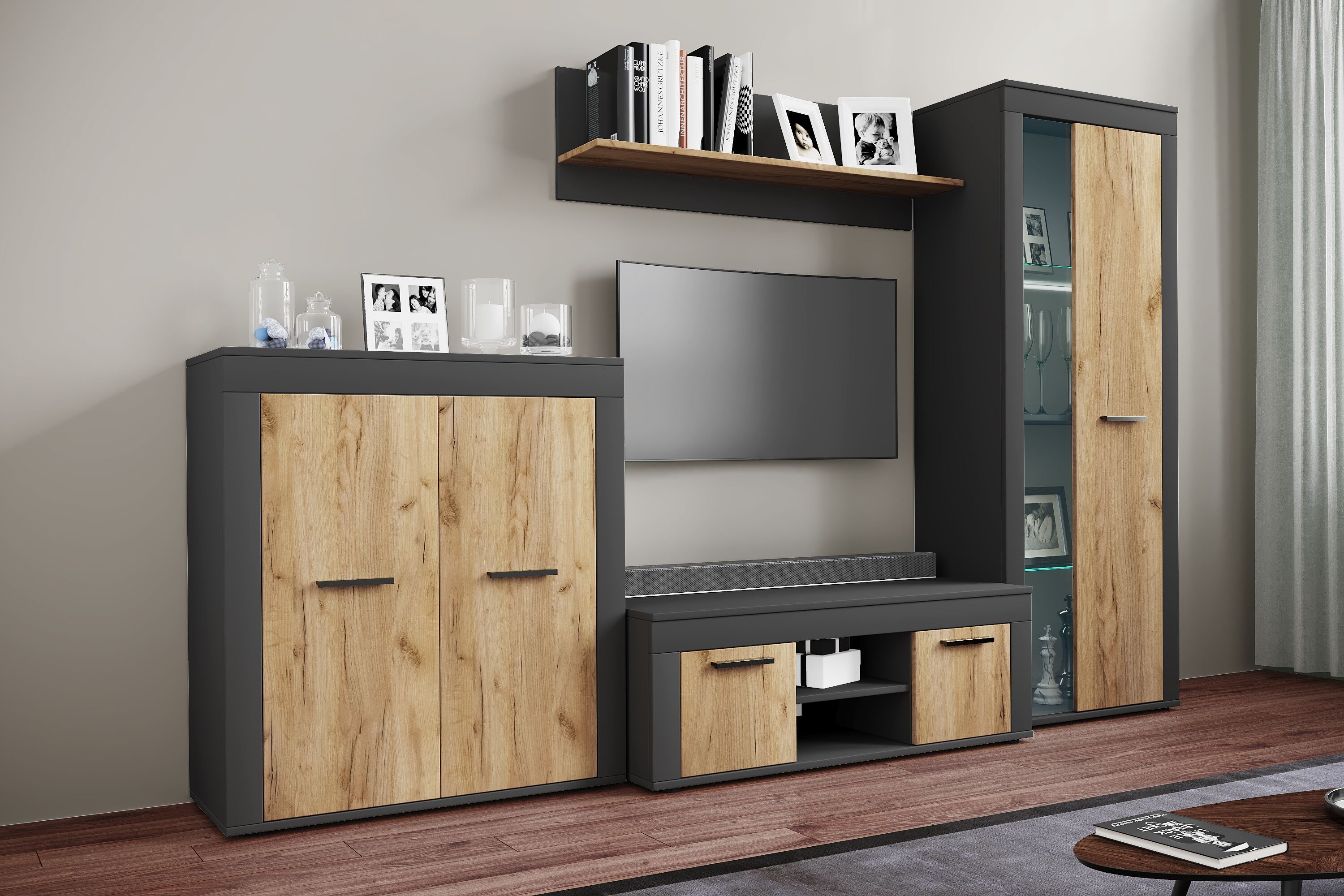Wandregal VCM "Holz Wandregal Hängeregal Wandboard Regal Usilo", braun (anthrazit, honig, eiche), B:102cm T:20cm, Regale, Wandregal