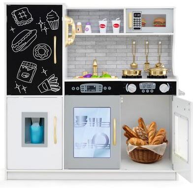 Costway Toddler Pretend Play Kitchen for Boys and Girls 3-6 Years Old-White & Golden