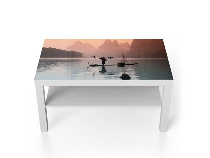 DEQORI Glastisch weiß groß 90x50 cm Motiv Fluss der Stille ausgefallener Beistelltisch aus Glas Hochglanz Couchtisch fürs Wohnzimmer moderner Couch Tisch mit Design