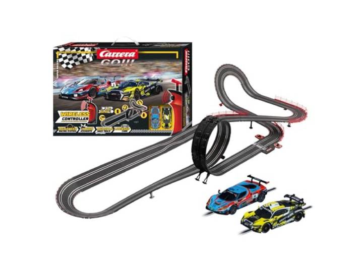 Carrera GO!!! Rennbahn Autorennbahn Super Racers Wireless Set Grundpackung 62585 2 Slotcars inkl. 2 Wireless Handregler mit Turbo-Knopf inkl. Looping, Fly-Over, Steilkurve und Rundenzähler