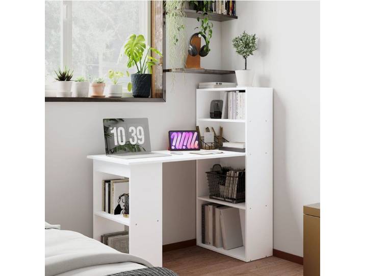 Bureau Droit avec 4 Étagères et 2 Niches Ouvertes - ELVMI - Bureau Informatique Blanc pour Bureau 120×55×120 cm