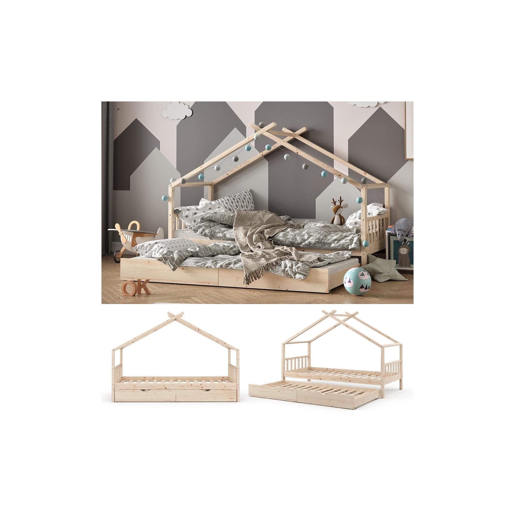 VITALISPA Kinderbett DESIGN Hausbett Gästebett Lattenrost Natur 90x200 Schublade