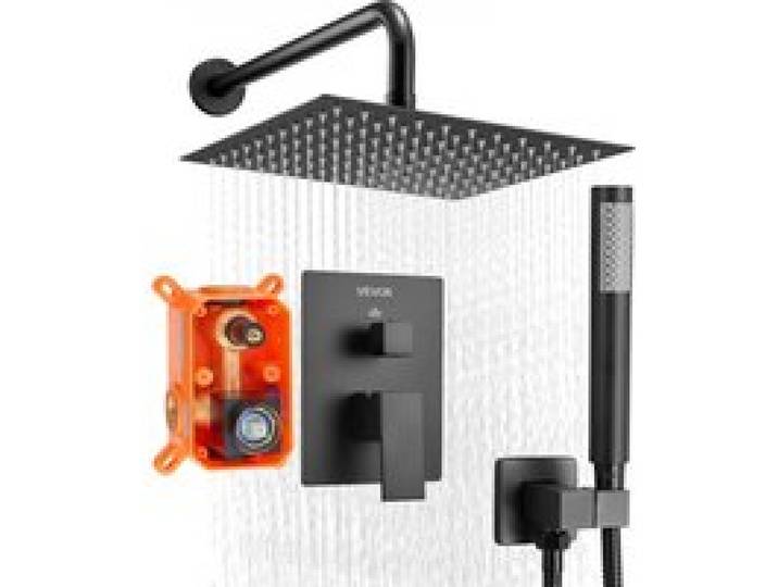 VEVOR Duscharmatur Regenduschsystem fürs Badezimmer Duschsystem mit 254 mm quadratischen Regenduschkopf & Handbrause, wandmontierte Badezimmerarmaturen mit Messingventil & Zierset, Mattschwarz