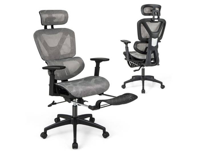 Chaise de Bureau Ergonomique - RELAX4LIFE - Repose-Pieds Rétractable - Dossier Inclinable - Support Lombaire - Appui-Tête 2D - Gris