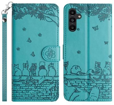 Inspired Deals Cute Cat Embossed Wallet Phone Case For Samsung Galaxy With Card Holder And Lanyard For Samsung Galaxy S24+ blue