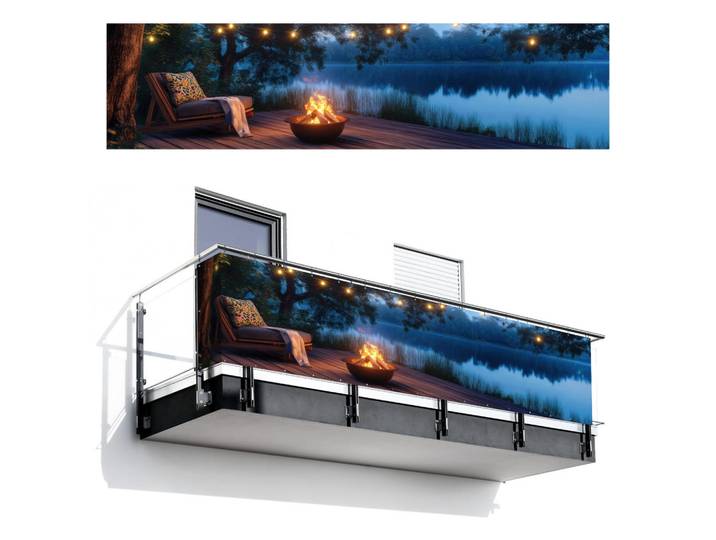 MuchoWow Balkon-Sichtschutz Lagerfeuer - See - Abendlicht, Dunkelblau, Kunststoff, Rechteckig, 500x120 cm, Sonnenschutz, Sichtschutz