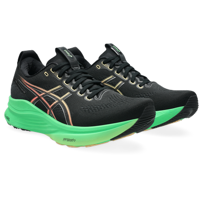 Laufschuh ASICS "GEL-KAYANO 32", Herren, Gr. 43,5, schwarz (schwarz, vital grün), Synthetik, Schuhe Laufschuh, für mehr Stabilität