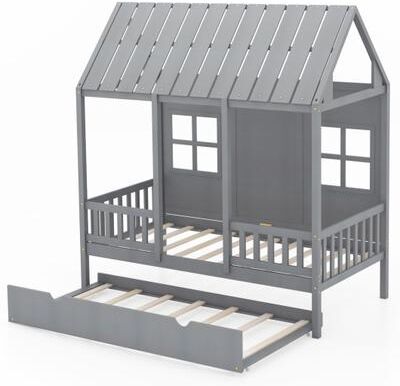 Costway Twin Size Bed Frame House Bed with Trundle and 82 Inch Tall Roof-Gray