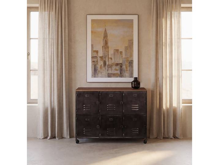 Sideboard aus Eisen und Tannenholz auf Rollen, 119 cm lang