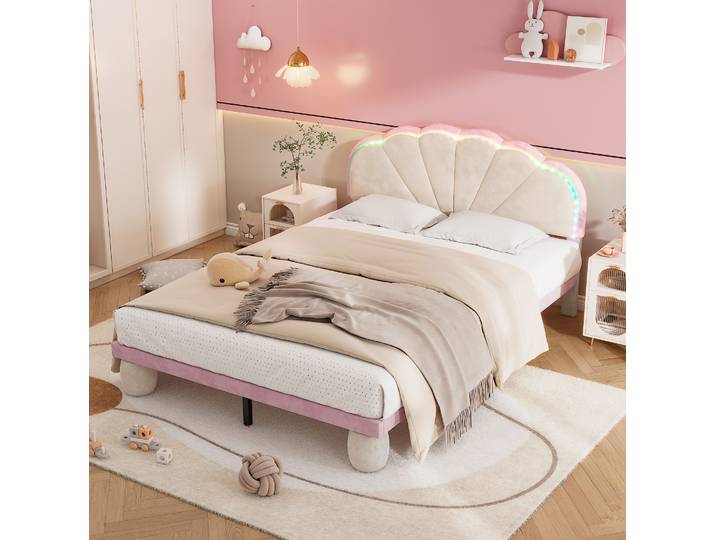 Polsterbett Mit Mehrfarbigen\, Wechselnden Lichtstreifen\, Kopfteil Mit Wellenschliff\, Mit Gepolsterter Runden Beine\, Kinderbett\, Jugendbett Mit Holzlatten\, Doppelbett\, Samt\, Beige+rosa\, 140x200cm