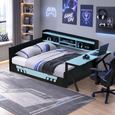 Gaming Bed Frame with Desk and Storage Shelves, LED Lights & Charging Station, Bookcase, Space-Saving Bed Frame