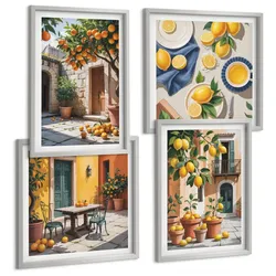 BILDER SET 4er Set - 50x50 cm & 40x60 cm Silberner Rahmen - Zitrusbäume in einem sonnigen Garten