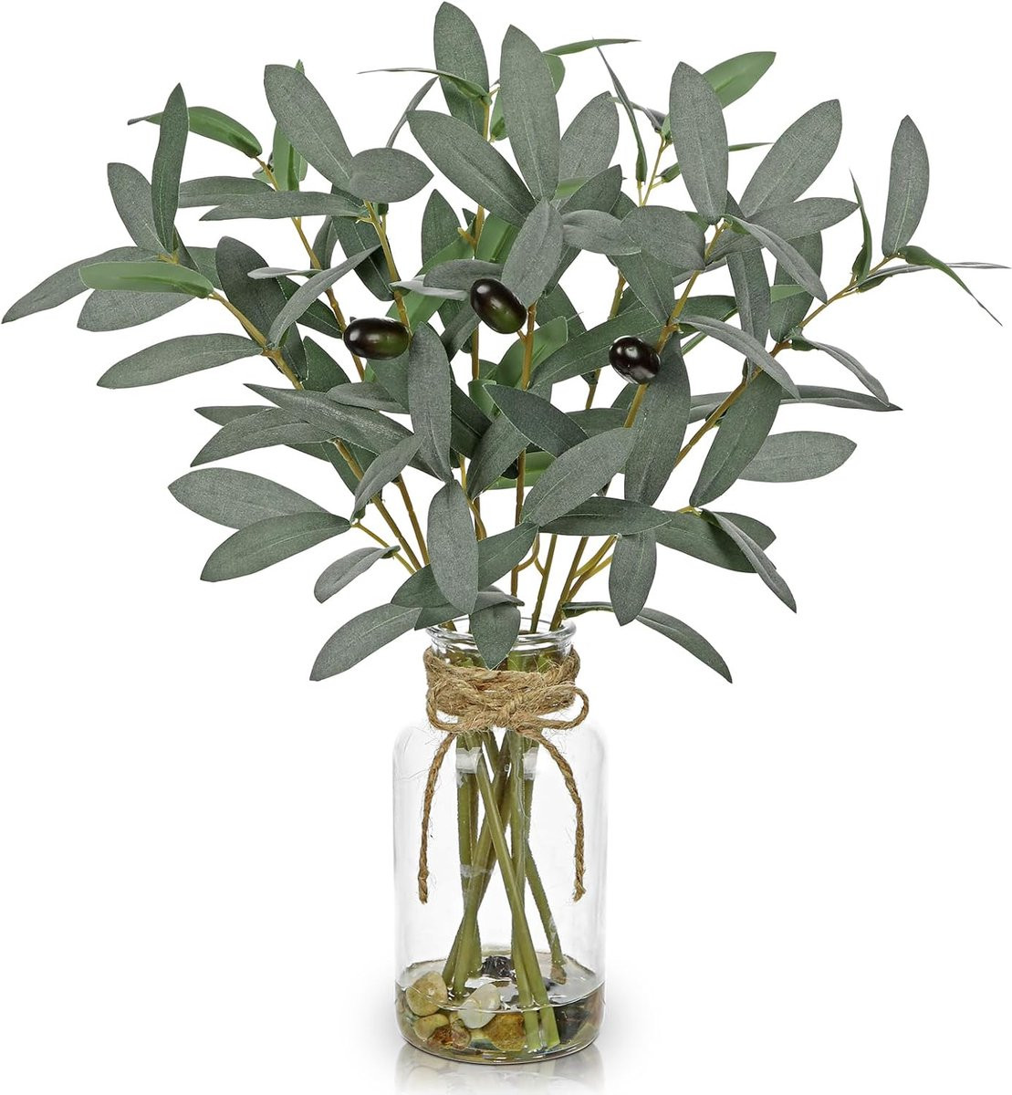 Kunstmatige olijfboom in glazen vaasje, groene decoratieve plant voor binnen