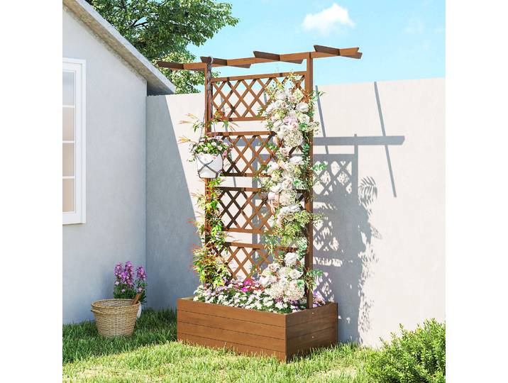 Outsunny Bac à Plantes Carré Bois avec Treillis et Toit