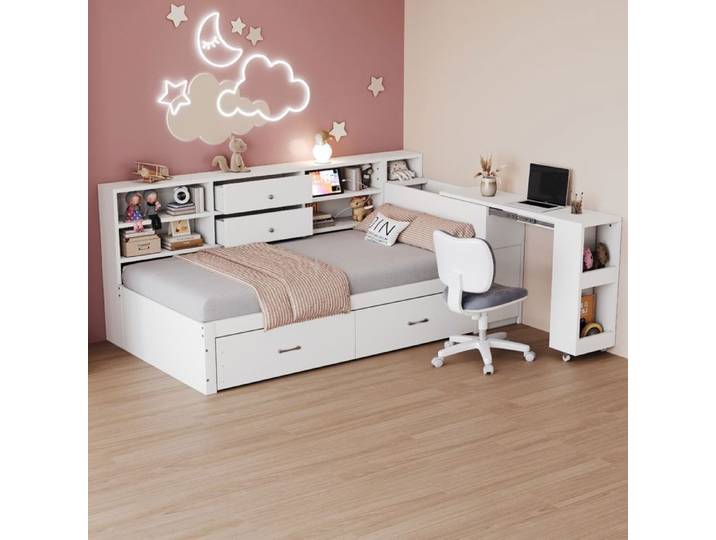 Maisentiel Lit multifonctionnel 1 place 90 x 200 cm blanc avec rangements bureau coulissant et USB