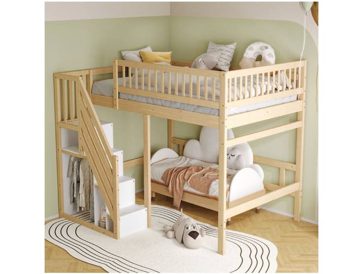 MEULVA Lit mezzanine enfant 140 x 200 cm en bois escalier de rangement barrières hautes