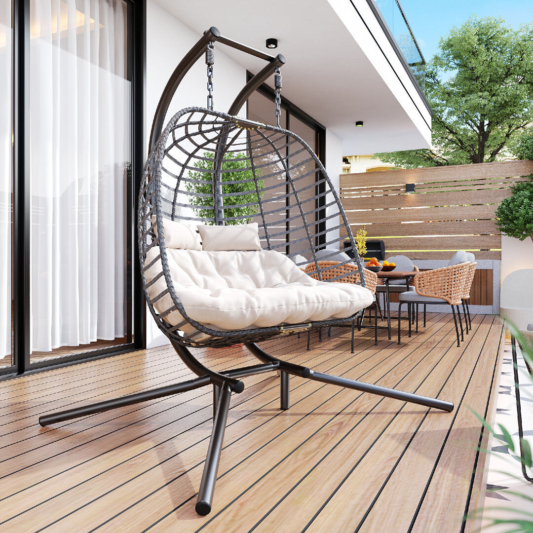 Dakota Fields Double Hanging Egg Chair Wth Stand, Patio Hammock Swing Chair With Cushion Loveseat Beige 195cm H X 144cm W X 108cm L