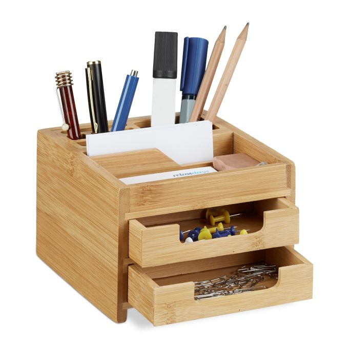 Relaxdays 2-delige bureau set met bamboe en wit organizer met meerdere compartimenten