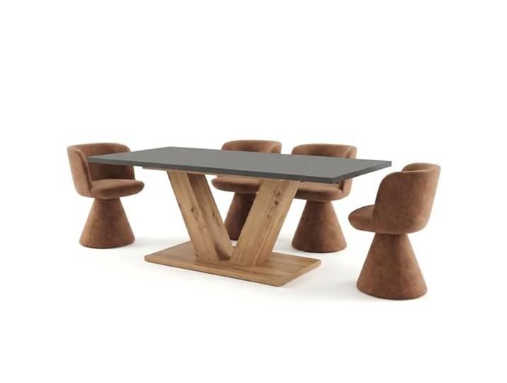 Newroom Esstisch ausziehbar Platte Anthrazit Gestell Wildeiche modern V-Gestell zweifarbig, Säulentisch, Küchentisch, Speisetisch, für 6-8 Personen, Holzoptik, Esszimmer und Küche