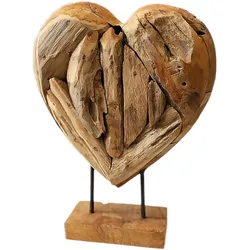 Teakholz Herz-Skulptur auf Sockel - Recyceltes Massivholz Dekoherz - Handgefertigt, Unikat - 24x30x8cm - Stilvolles Deko-Element