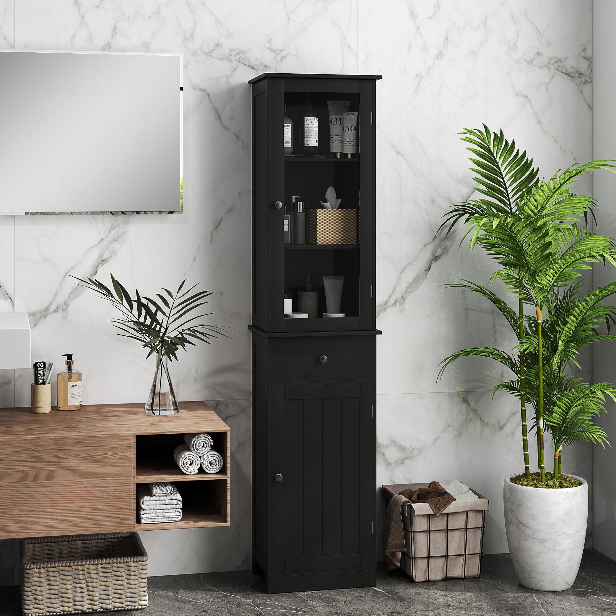 Kleankin Mobile Colonna Bagno Salvaspazio con Armadietto, Cassetto e Ripiani in MDF, 40x27x171.5cm, Nero   Aosom Italy
