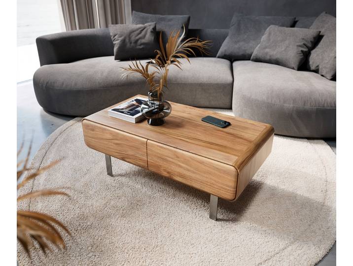 DELIFE Couchtisch Anaya 100x50 cm Akazie Natur 2 Schubladen L-Fuß Edelstahl, Couchtische