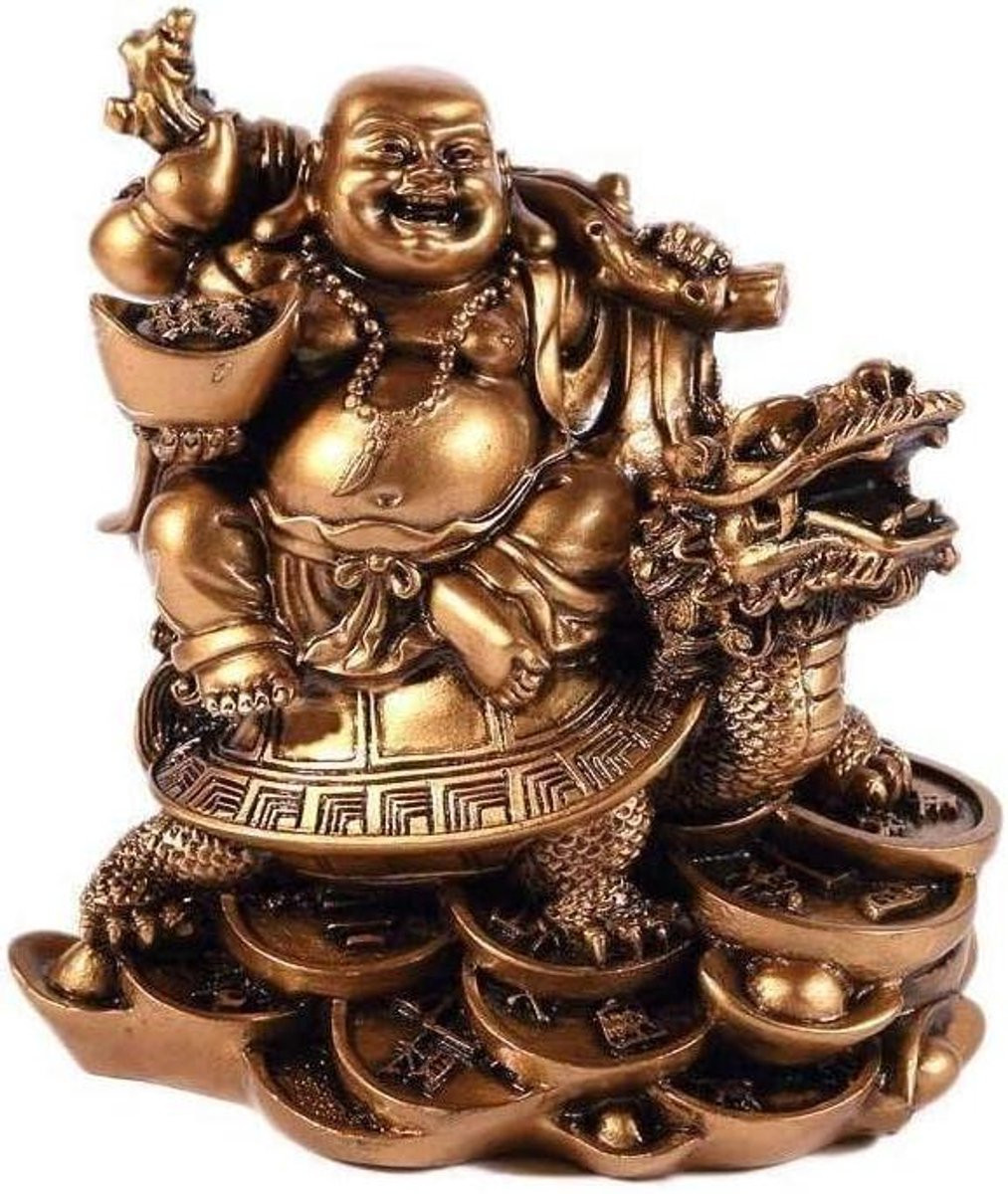 Boeddha op Draken Schildpad Beeldje voor Geluk en Feng Shui Decoratie - Goud - Hoogte: 12 cm