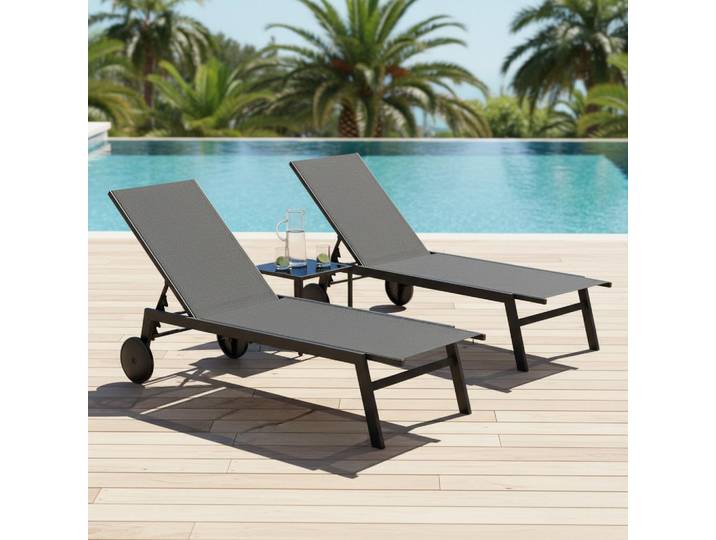 Ensemble de 2 chaises longues d'extérieur avec dossier réglable en 6 positions, chaise longue avec roulettes, ensemble de chaises longues robustes en métal pour le bord de la piscine