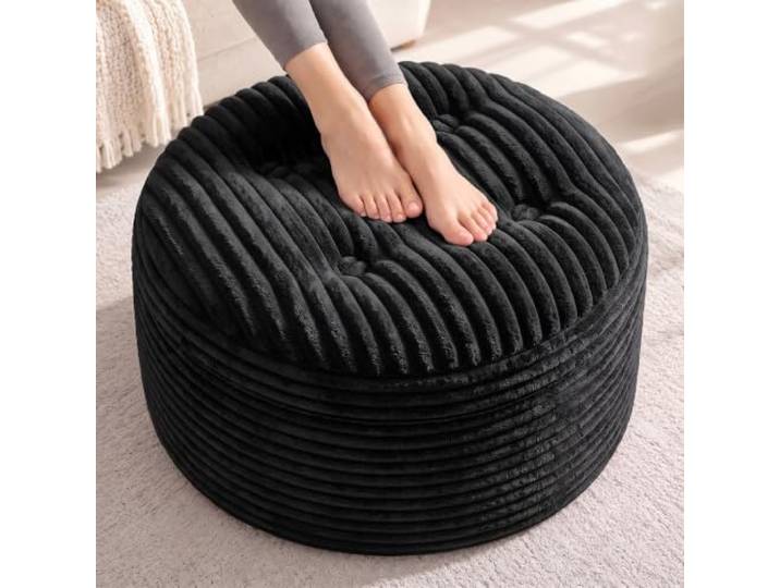 Fabulcozy Runder Ottoman 66 cm aus Dickem Cordstoff, Gepolsterter Hocker mit Griff, Fußstütze und Zusätzliche Sitzgelegenheit für Wohnzimmer, Schlafzimmer und Büro,Schwarz