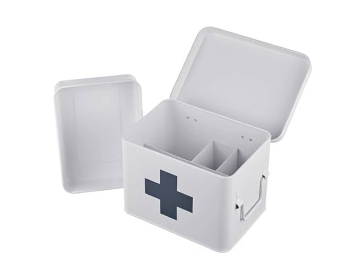 Relaxdays Boîte à Pharmacie\, 4 Compartiments\, Insert Amovible\, métal\, poignées\, 16 x 21 x 15\,5 cm\, Blanc
