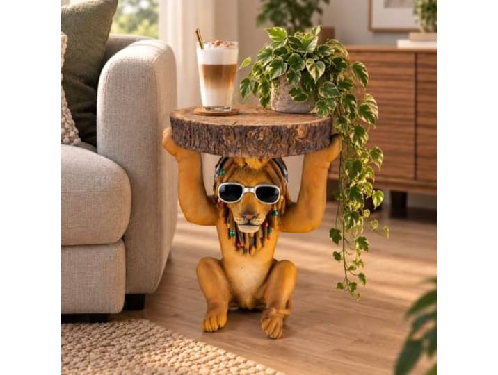 Beistelltisch Löwe mit runder Baumscheibe in Holz Optik - Outdoor geeignet für Wohnzimmer, Couch, als Nachttisch, Gartentisch oder Blumenerhöhung