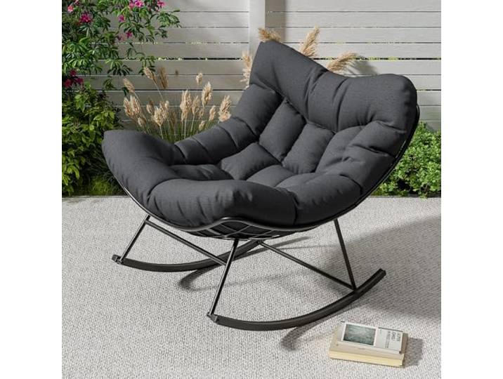 Koioplie Oversized Schaukelstuhl mit Metallrahmen, Dunkelgrau Mit dickem Kissen, bis 181 kg belastbar, Relaxsessel geeignet für Garten, Pool, Wohnzimmer und Veranda