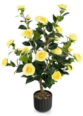 Costway 38 Inch Artificial Camellia Tree Faux Flower Plant in Cement Pot-Yellow
