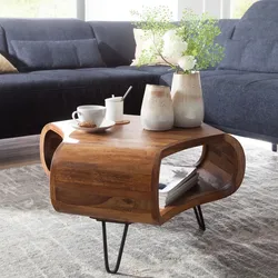 FineBuy Couchtisch Sheesham 55cm Massivholz Wohnzimmertisch Retro Metallbeine