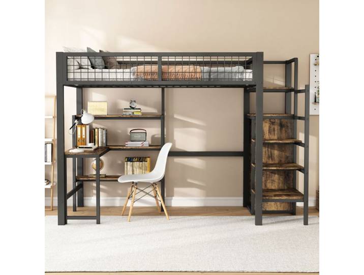 Lit mezzanine - LANGTU - LOFT 140x200 - Métal & MDF - Bureau intégré - Armoire & étagères
