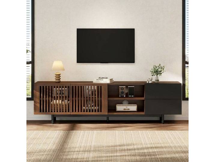 Norevia Meuble TV Noir et Noyer 160 cm Banc TV avec Portes Persiennes et Tiroirs
